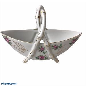 VINTAGE - Bohemian Trinket Dish with Bamboo  Handles & Design Legs